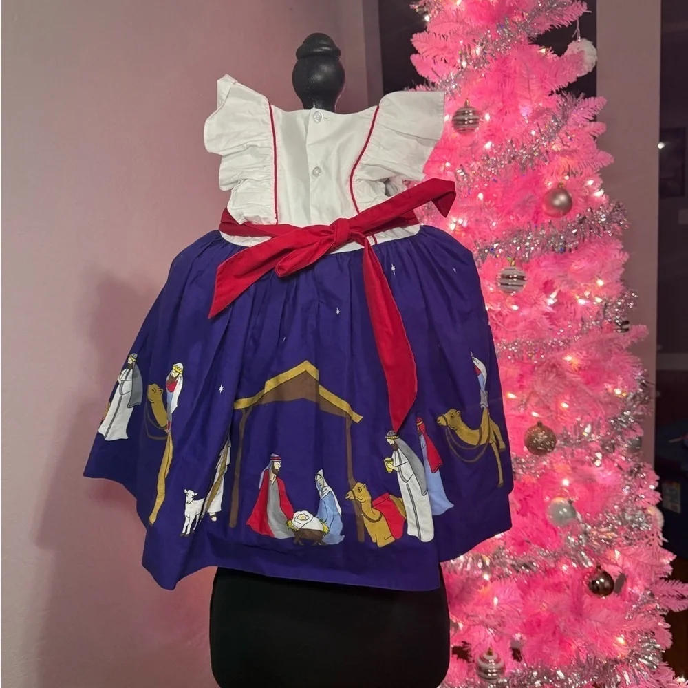 Elenor Rose Silent Night Nativity Dress Size 3/4. Red Bow. Length 18.5in